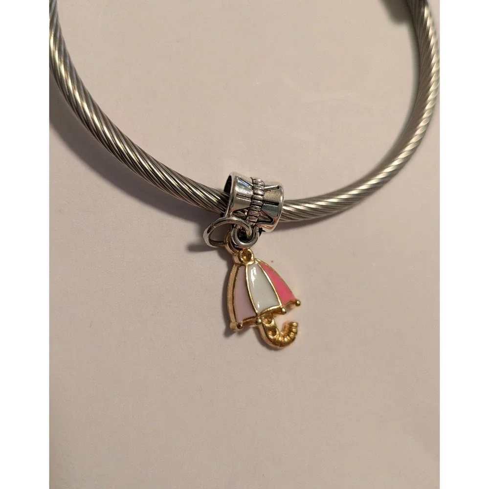 Pink‎ White Enamel Umbrella Charm Gold Silver Slider Bead for Bracelet